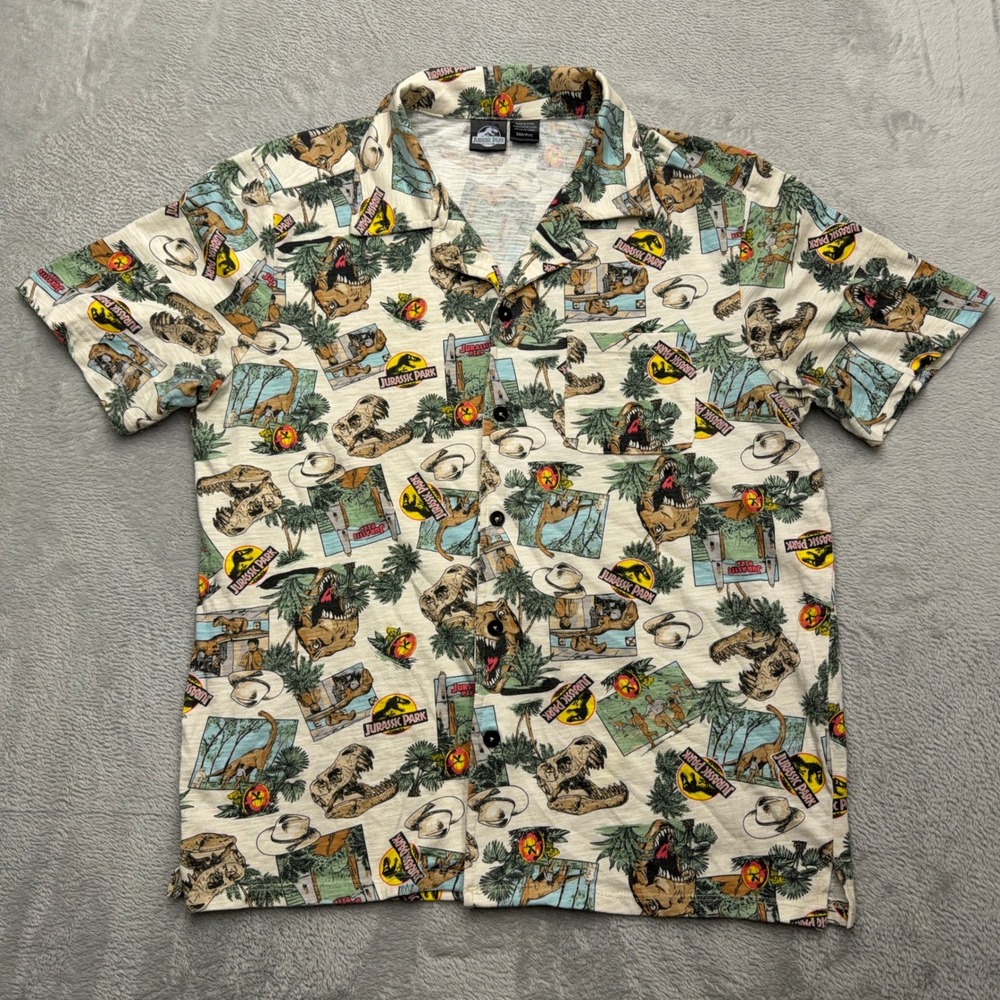 Jurassic Park Button Up Shirt Mens S Beige Dinosaur Graphic Camp Short Sleeve